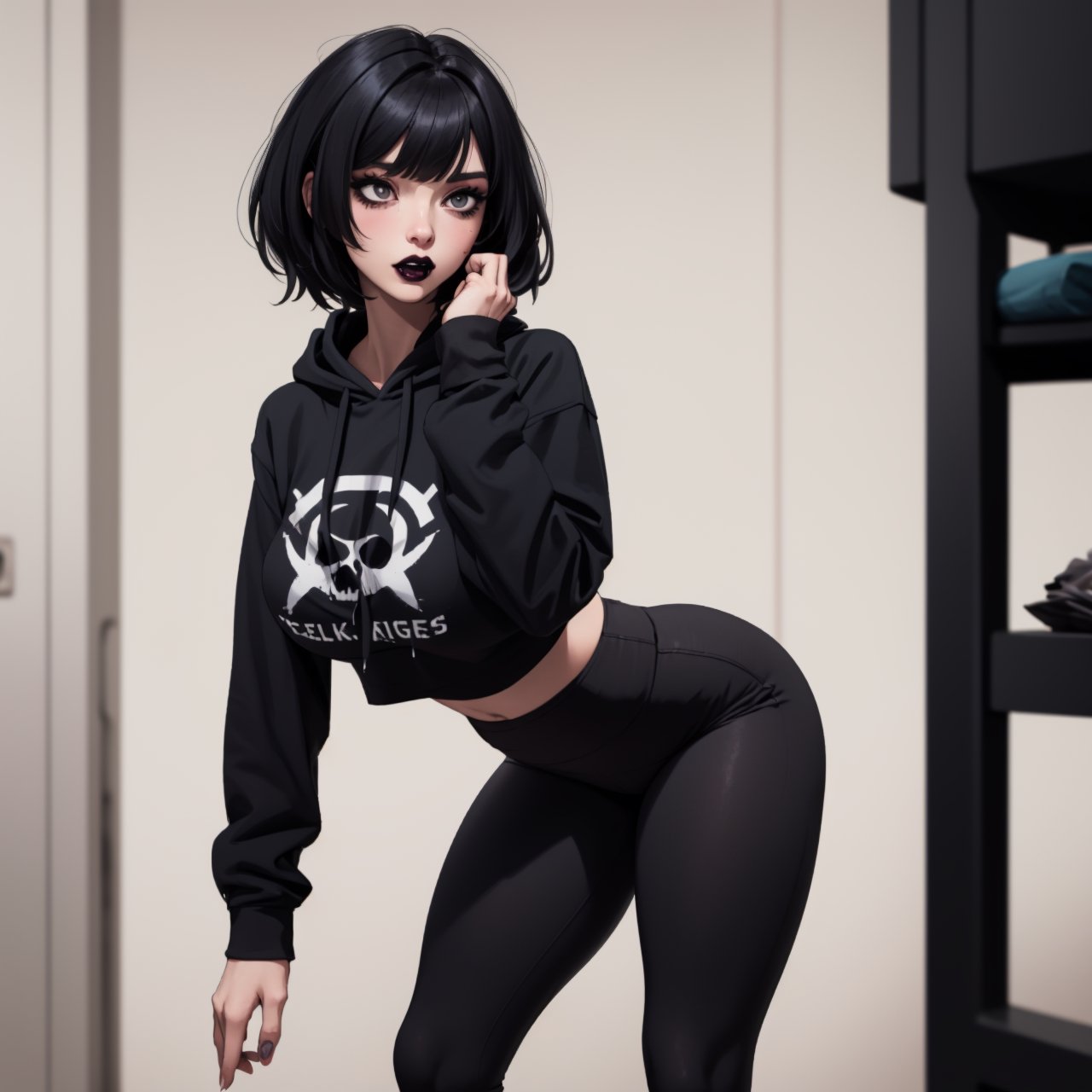 hot, tall, goth, large breasts, black hoodie, black hair, cute_fang
 ,goth girl, black makeup, yoga leggings black