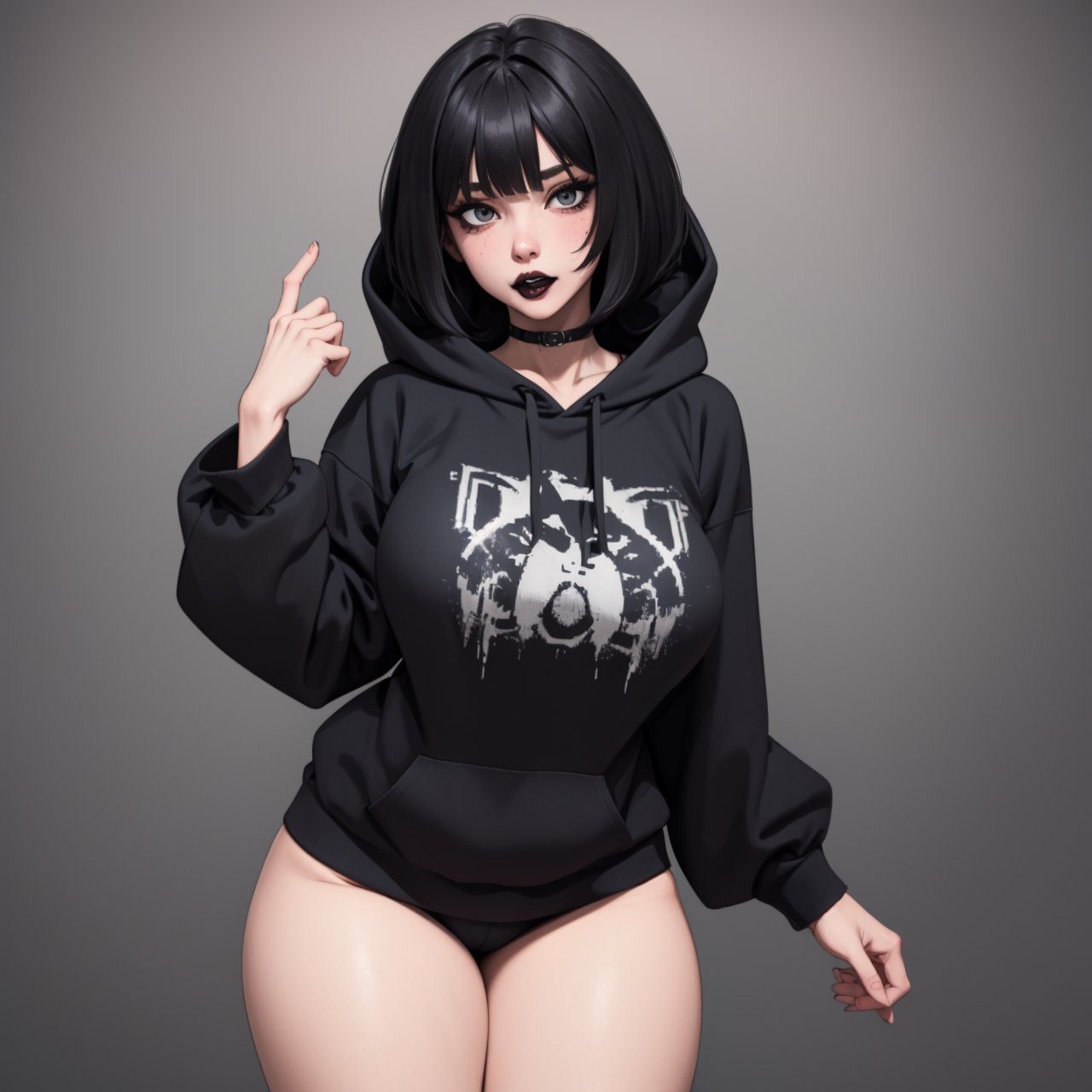 hot, tall, goth, large breasts, black hoodie, black hair, cute_fang
 ,goth girl, black makeup