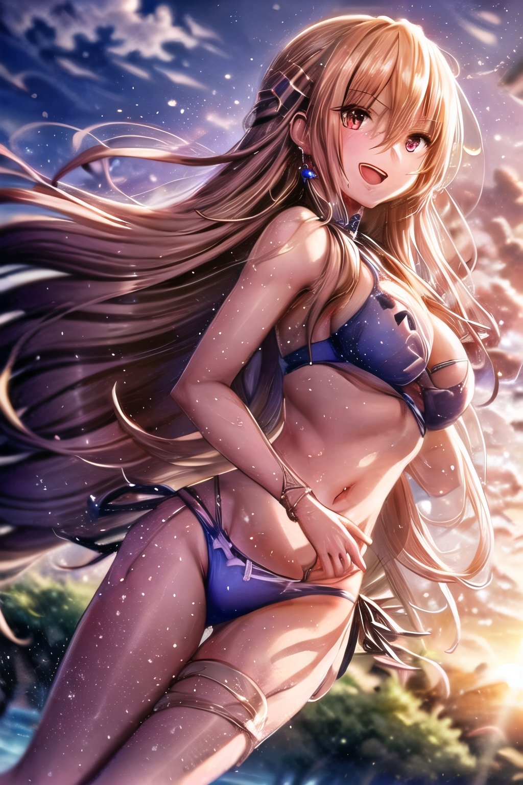 anime artwork extremely detailed CG unity 8k wallpaper, realistic, hand by Guido Daniele1girl, breasts, solo, swimsuit, long hair, tree, bikini, navel, cleavage, jewelry, palm tree, earrings, outdoors, blonde hair, very long hair, open mouth, looking at viewer, dutch angle, blue bikini, hair between eyes, sunset, hand on own face, hair ornament, medium breasts, smile, multi-strapped bikini, hand on own cheek, purple bikini, bangs, blush, red eyes, large breasts  . anime style, key visual, vibrant, studio anime,  highly detailed