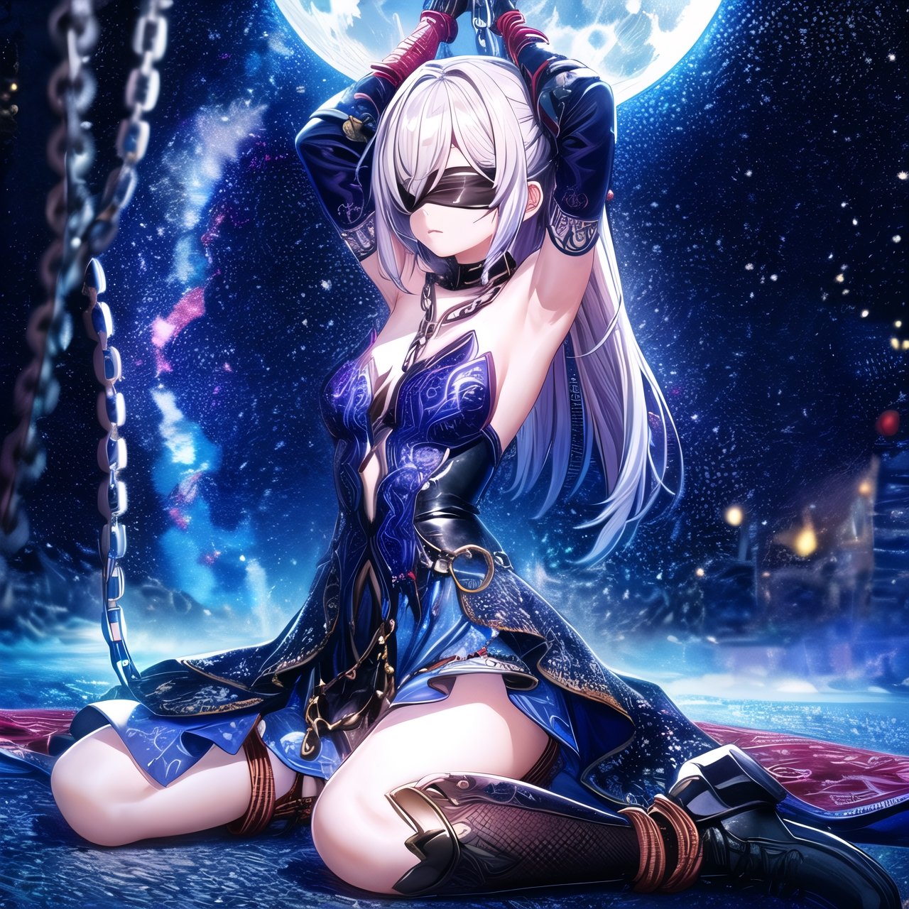 masterpiece, best quality, JingliuV5, 1girl, solo, gloves, gloves, dress, bare shoulders, closed mouth, boots, sky, black gloves, black footwear, blindfold, night sky, full moon, elbow gloves, armpits, arms up, ((chain, bound, restrained:1.3)), sitting, wariza, night, starry sky, sky, cowboy shot, 