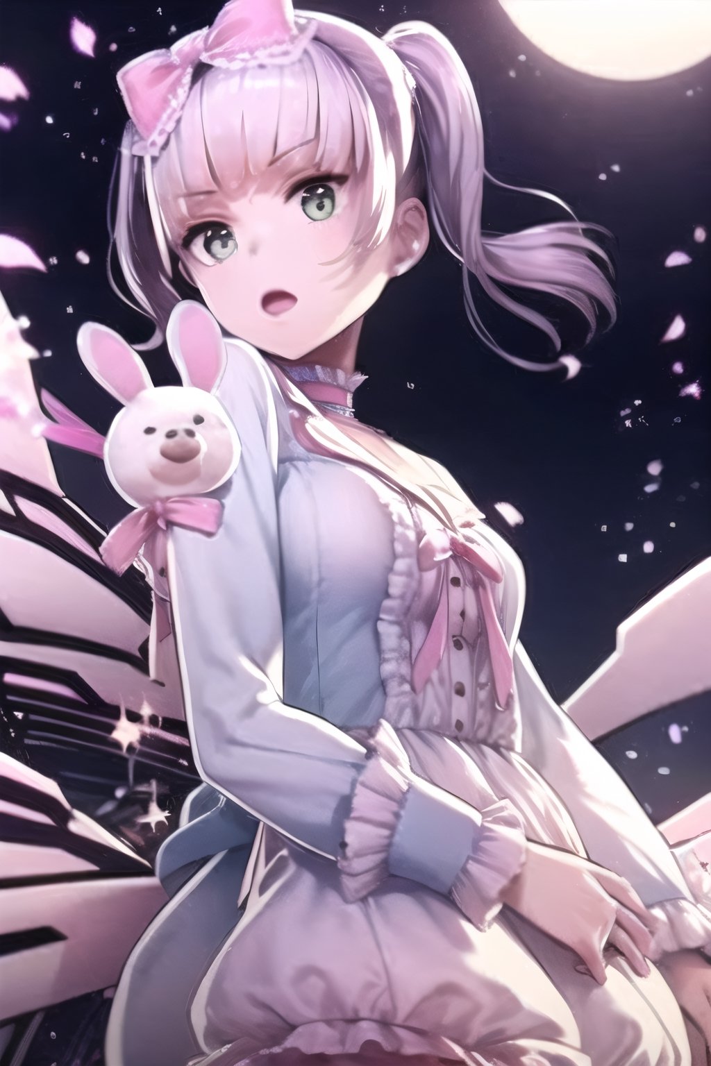 1girl, bow, dress, green eyes, stuffed toy, hair bow, wings, stuffed animal, solo, frills, mechanical wings, frilled dress, pink bow, flower, bangs, sitting, long sleeves, pillow, blue dress, white hair, rose, white rose, window, braid, white flower, short hair, petals, moon, stuffed bunny