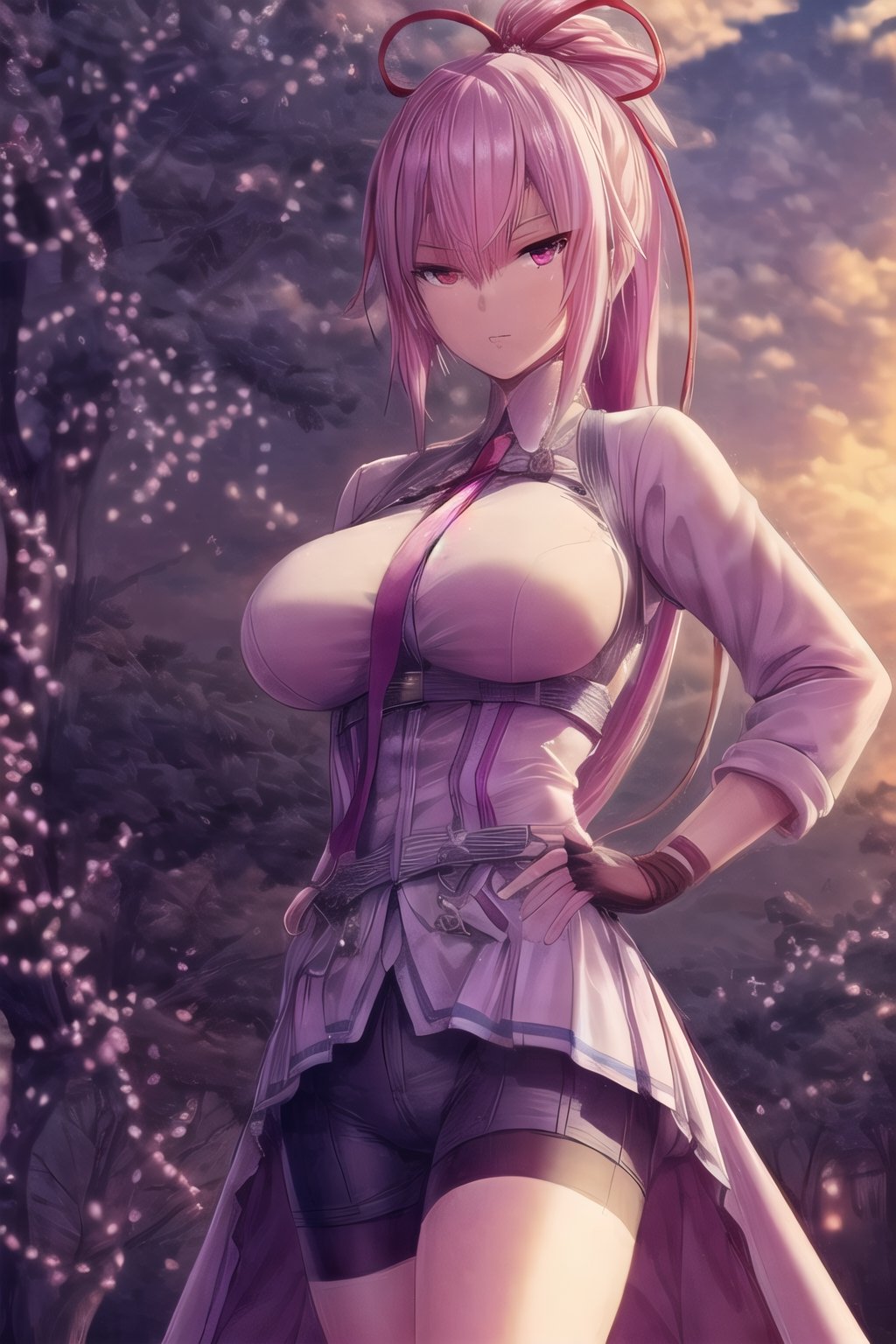 masterpiece, best quality, ultra-detailed,illustration, finely detail, extremely detailed CG unity 8k, highres, beautiful detailed eyes, finely detail, beautiful detailed eyes1girl, solo, gloves, fingerless gloves, long hair, ribbon, necktie, ponytail, hair ribbon, skirt, white background, purple eyes, breasts, black gloves, looking at viewer, simple background, hand on hip, red ribbon, pleated skirt, hair between eyes, bike shorts, bangs, shorts, coat, large breasts, standing, 
