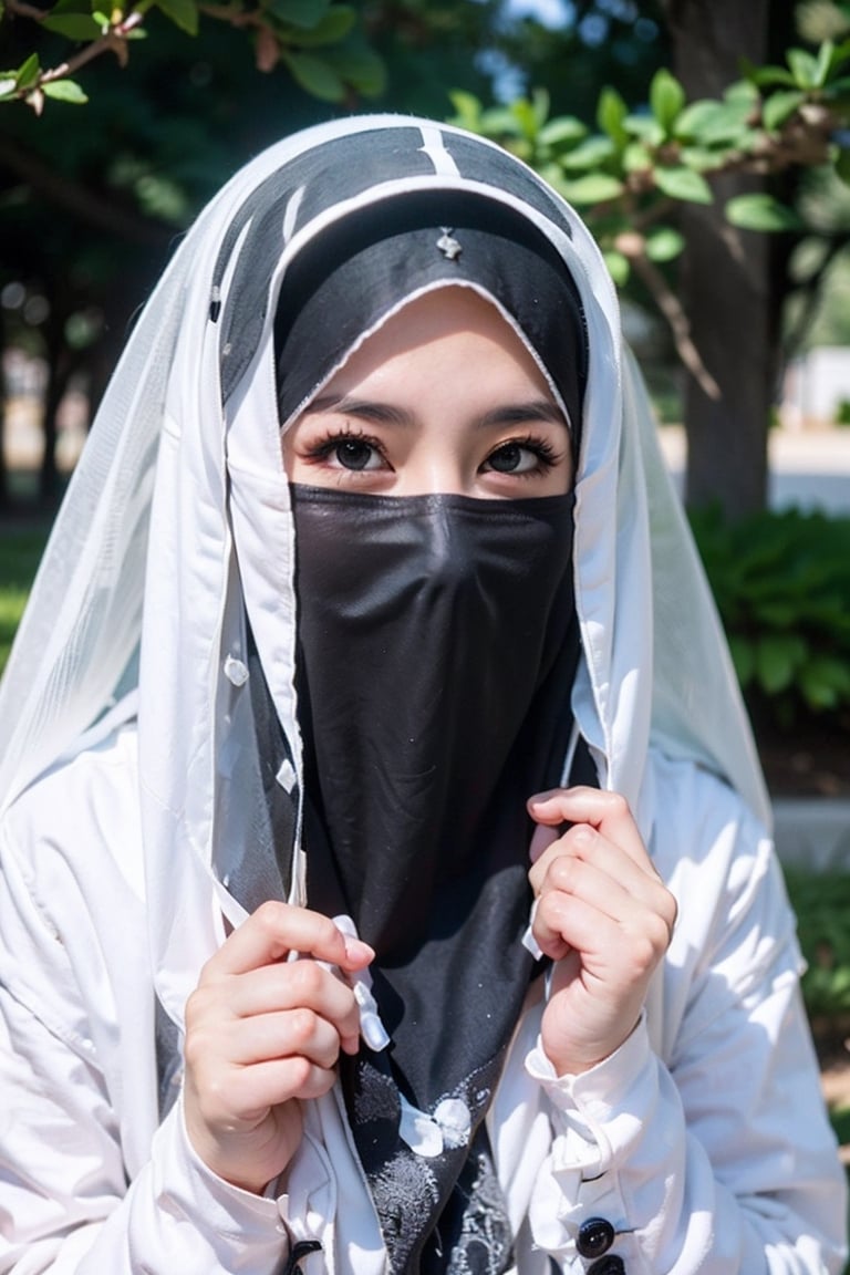 (8k, best quality, masterpiece:1.2), (realistic, photo-realistic:1.3), ultra-detailed, best quality, depth of field, sharp focus,(bokeh:1.2),1girl,solo, a beautiful young woman hijab, ((white hijab)), (((covering mouth, black long veil:1.1))), upper body, detailed brown eyes, perfect eyes, symmetrical eyes,More Detail