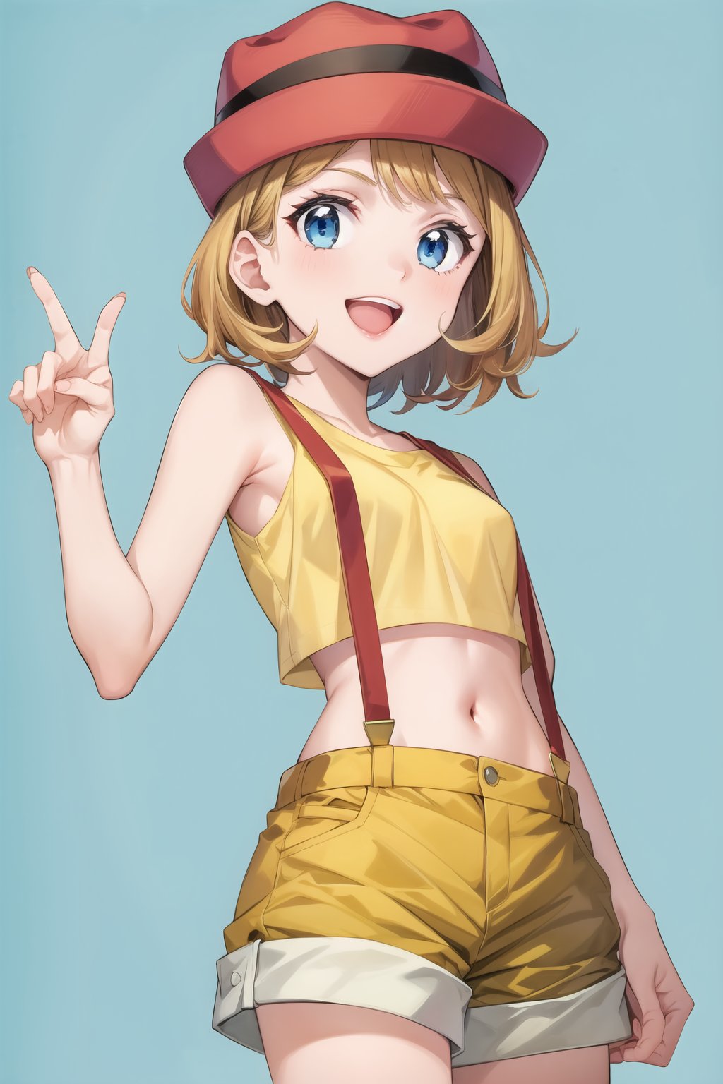 ((best quality)),  ((highly detailed)),  masterpiece,  ((official art)),  ((serena)), 1girl, solo, orange hair, blue eyes, blonde hair, short hair, bangs:, hat, ((red headwear)), ((yellow shirt)), crop top, sleeveless, suspenders, (blue short shorts), 1girl,simple background,sleeveless shirt,solo,shirt,looking at viewer,navel,midriff,crop top,open mouth,sleeveless,smile,( shorts),yellow shirt,suspenders, posing,(AS-Adult:1.3)