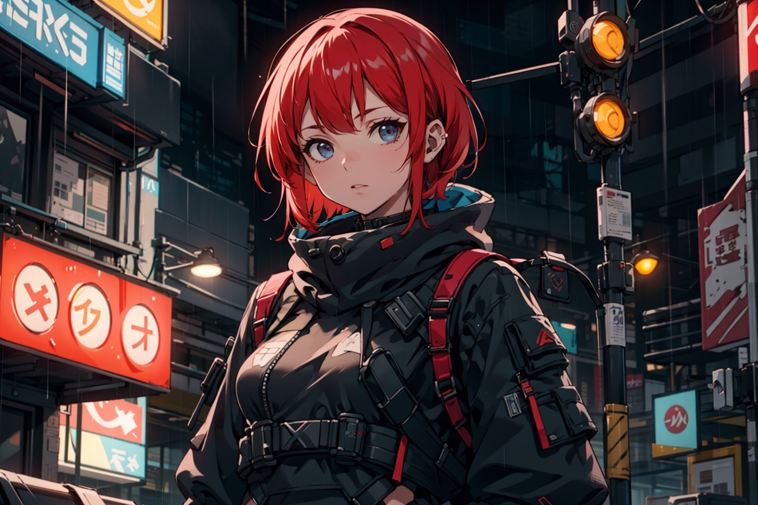 ultra-high res, ultra-detailed, beautiful and aesthetic, perfect detailed face, detailed eyes, highly detailed,ultra-detailed, extremely detailed CG unity 8k,(masterpiece, top quality, best quality, official art, beautiful and aesthetic:1.2), 1girl, red hair, urban clothes, cyberpunk style, rainy night, neon lights, buildings in the background, street, urban techwear, lowkey, dim light