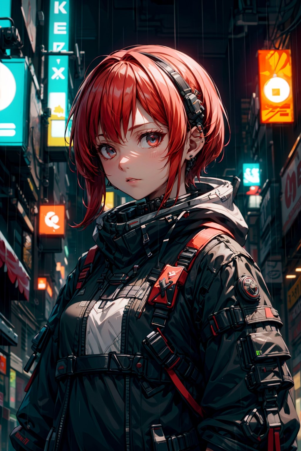 ultra-high res, ultra-detailed, beautiful and aesthetic, perfect detailed face, detailed eyes, highly detailed,ultra-detailed, extremely detailed CG unity 8k,(masterpiece, top quality, best quality, official art, beautiful and aesthetic:1.2), 1girl, red hair, urban clothes, cyberpunk style, rainy night, neon lights, buildings in the background, street, urban techwear, lowkey, dim light,urban techwear