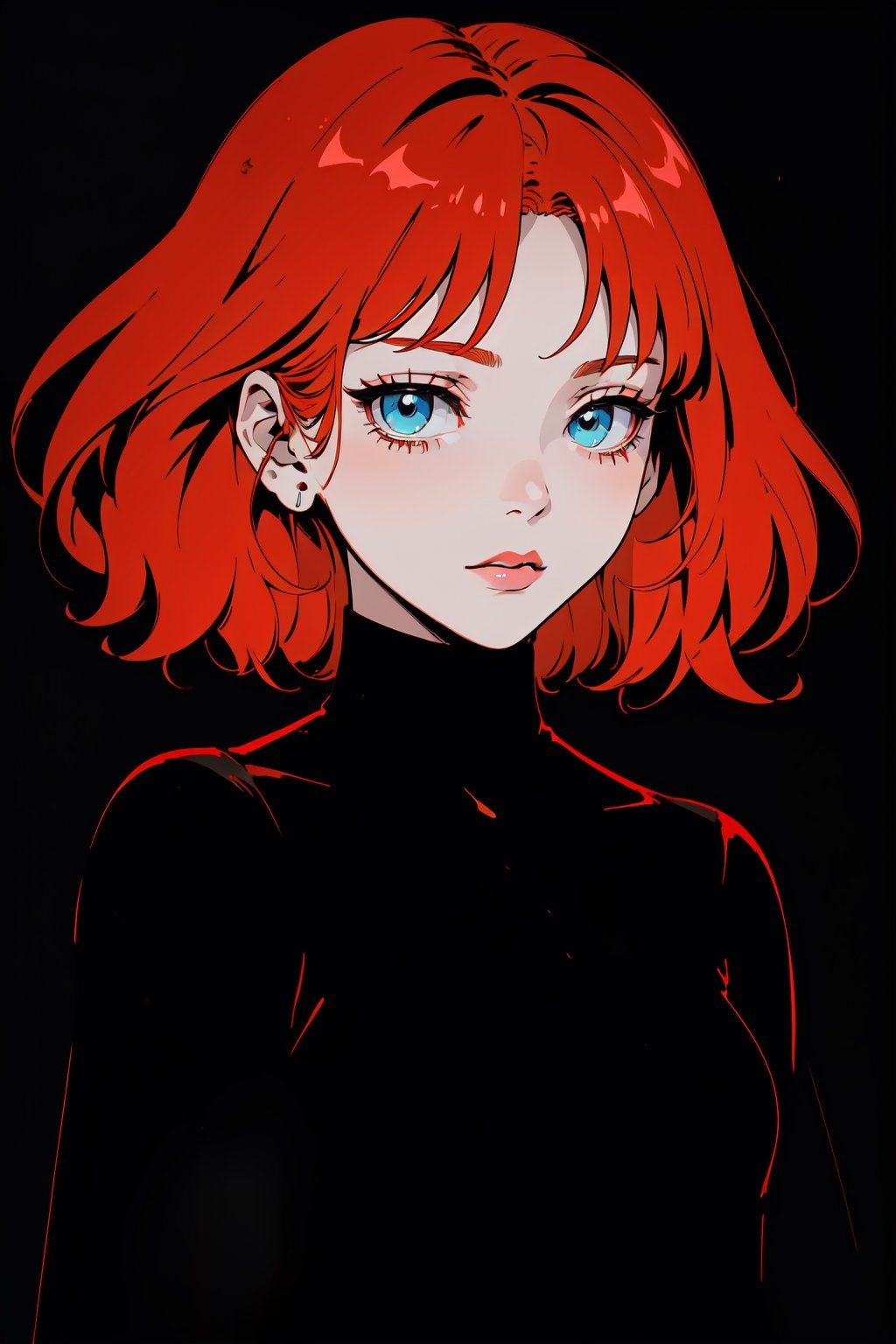 (flat color:1.3), masterpiece, highres,1girl, upper body, short red hair,blue eyes, simple background,1990s (style), (dark atmosphere), chromatic aberration