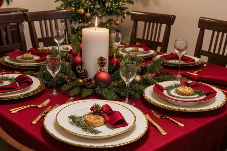 A Christmas table setting with a holiday feast.