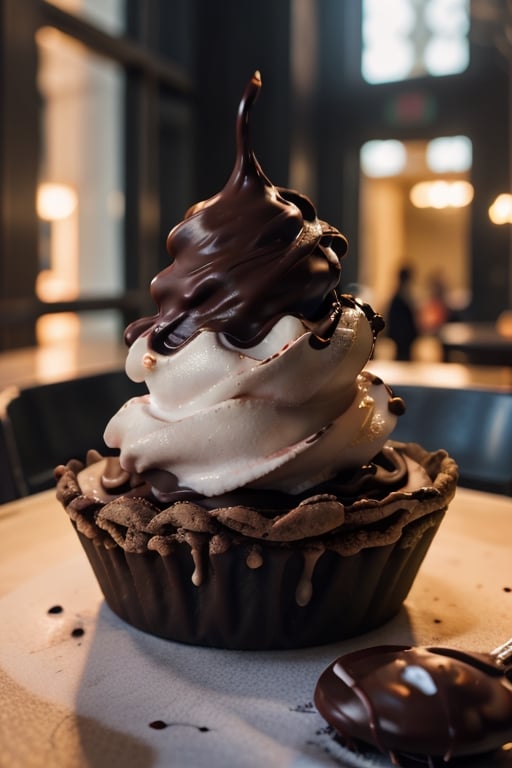 highly detailed snowboader sliding down a mountain of soft serve twisted chocolate ice cream, perfect lighting, shadows, sharp focus, ((8k high definition, insanely detailed, intricate, masterpiece)), chocolate,Cyberpunk,