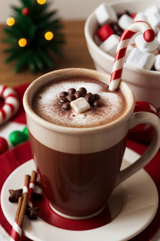 A cup of hot cocoa with marshmallows and a candy cane stirrer.