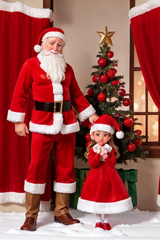 Santa Claus posing in front of Christmas tree standing with sexy Mrs. Claus wearing a red Santa hat and Santa dress,sntdrs