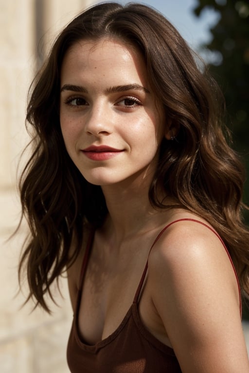 (masterpiece), portrait of a 24 year old brunette woman, Mexican, brown eyes, small nose, smile, soft lips, deep red lipstick, long hair with gentle waves, close up of face, red tank top, natural lighting, volumetric shading, dynamic pose, Hyperrealistic, realistic lighting, dramatic shadows, hard focus, high contrast, dramatic perspective dramatic shadows, Emma Watson