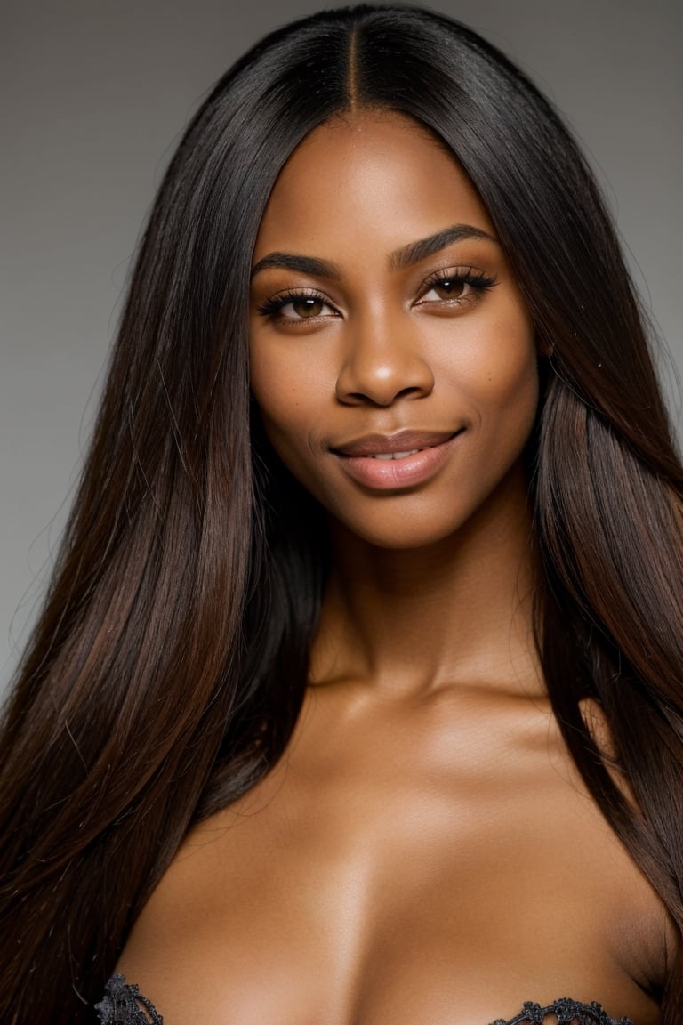 highly detailed RAW color Photo of (gorgeous stunning African American woman), (closeup of face), (smile, sexy look, highly detailed eyes), big lips, (highly detailed hair, straight hair), sharp body, highly detailed body, highly detailed face, perfect lighting, shadows, sharp focus, 8k high definition, insanely detailed, intricate, masterpiece, highest quality, straight hair