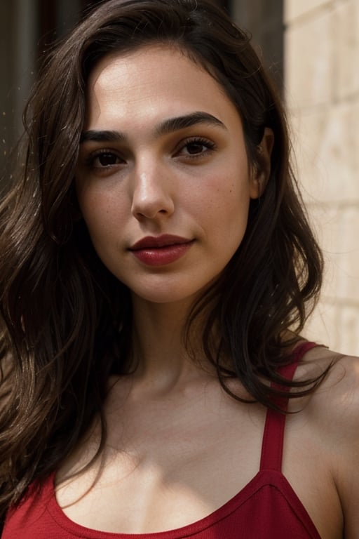 (masterpiece), portrait of a 24 year old brunette woman, Mexican, brown eyes, small nose, smile, soft lips, deep red lipstick, long hair with gentle waves, close up of face, red tank top, natural lighting, volumetric shading, dynamic pose, Hyperrealistic, realistic lighting, dramatic shadows, hard focus, high contrast, dramatic perspective dramatic shadows, Gal Gadot 