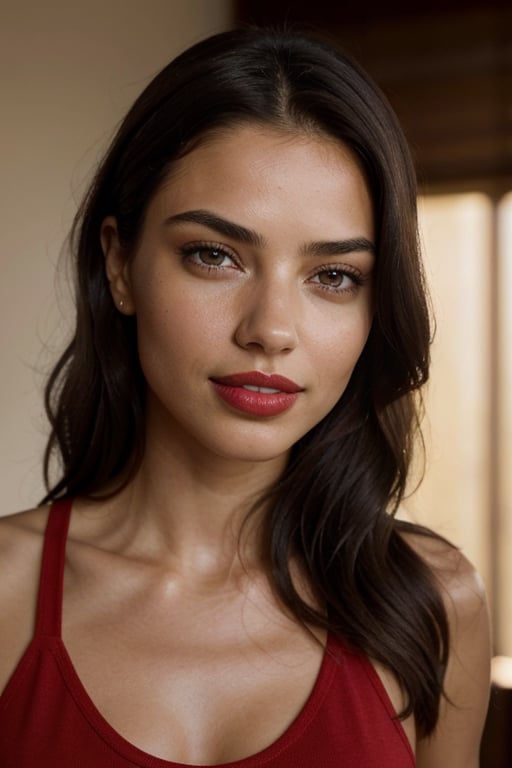 (masterpiece), portrait of a 24 year old brunette woman, Mexican, brown eyes, small nose, smile, soft lips, deep red lipstick, long hair with gentle waves, close up of face, red tank top, natural lighting, volumetric shading, dynamic pose, Hyperrealistic, realistic lighting, dramatic shadows, hard focus, high contrast, dramatic perspective dramatic shadows, Adriana Lima