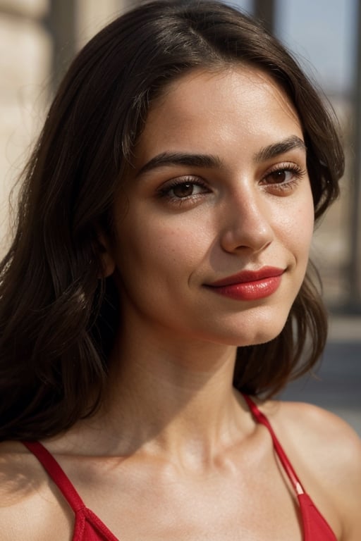 (masterpiece), portrait of a 24 year old brunette woman, Mexican, brown eyes, small nose, smile, soft lips, deep red lipstick, long hair with gentle waves, close up of face, red tank top, natural lighting, volumetric shading, dynamic pose, Hyperrealistic, realistic lighting, dramatic shadows, hard focus, high contrast, dramatic perspective dramatic shadows, Emily Blount