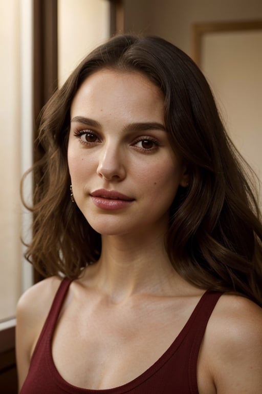 (masterpiece), portrait of a 24 year old brunette woman, Mexican, brown eyes, small nose, smile, soft lips, deep red lipstick, long hair with gentle waves, close up of face, red tank top, natural lighting, volumetric shading, dynamic pose, Hyperrealistic, realistic lighting, dramatic shadows, hard focus, high contrast, dramatic perspective dramatic shadows, Natalie Portman