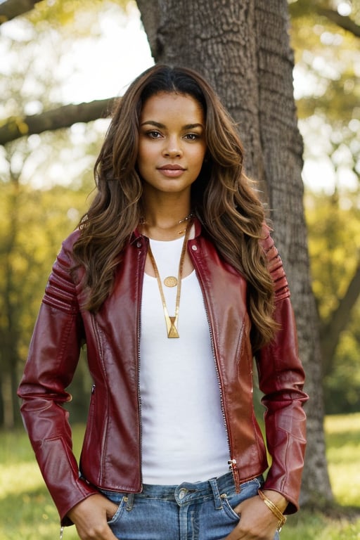 portrait, adult, woman, long wavy brown hair, wearing open red leather jacket, white t-shirt, gold necklace, and blue jeans  under tree, sunny day,HUD_Rd_BllyDncr,ebony, black,leather