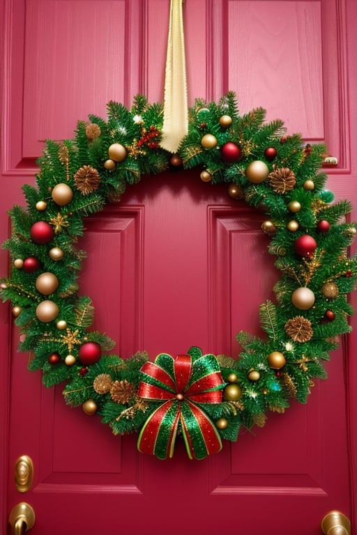 A Christmas wreath hanging on a front door.,DonMN30nChr1stGh0sts