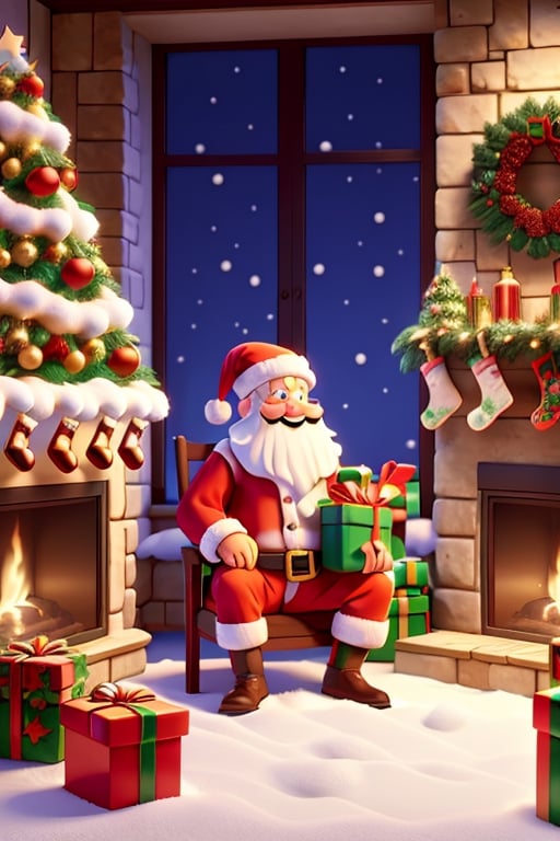 Santa Claus placing gifts inside Christmas stockings over fireplace