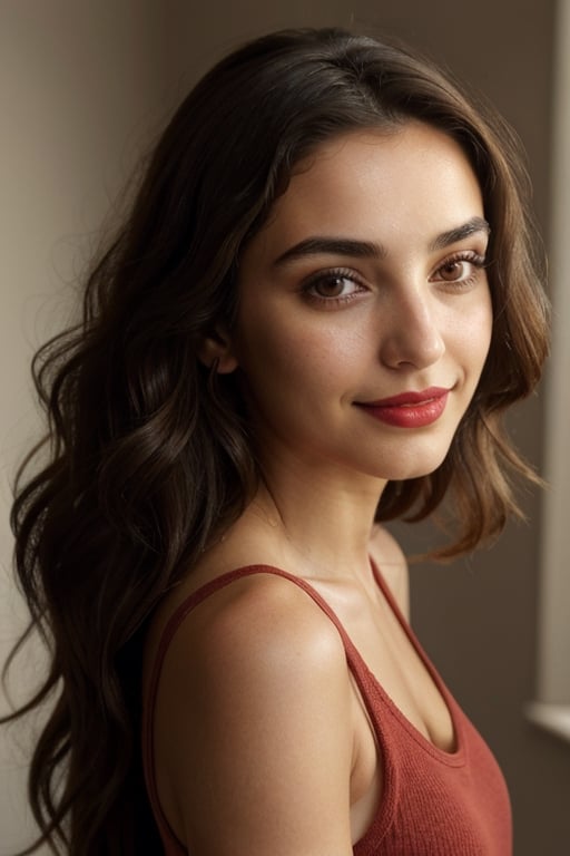 (masterpiece), portrait of a 24 year old brunette woman, Mexican, brown eyes, small nose, smile, soft lips, deep red lipstick, long hair with gentle waves, close up of face, red tank top, natural lighting, volumetric shading, dynamic pose, Hyperrealistic, realistic lighting, dramatic shadows, hard focus, high contrast, dramatic perspective dramatic shadows, Ana De Armas