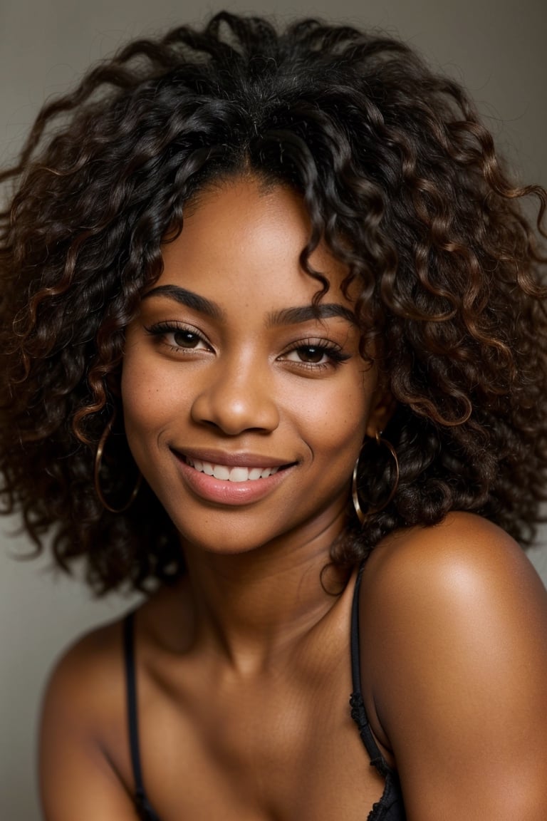 highly detailed RAW color Photo of (gorgeous stunning African American woman), (closeup of face), (smile, sexy look, highly detailed eyes), big lips, (highly detailed hair, straight hair), sharp body, highly detailed body, highly detailed face, perfect lighting, shadows, sharp focus, 8k high definition, insanely detailed, intricate, masterpiece, highest quality, cropped curly afro hair