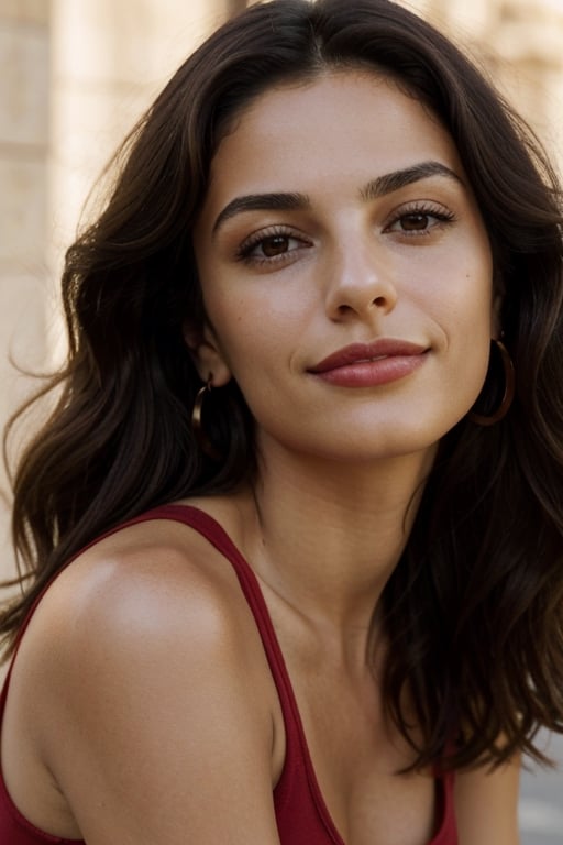 (masterpiece), portrait of a 24 year old brunette woman, Mexican, brown eyes, small nose, smile, soft lips, deep red lipstick, long hair with gentle waves, close up of face, red tank top, natural lighting, volumetric shading, dynamic pose, Hyperrealistic, realistic lighting, dramatic shadows, hard focus, high contrast, dramatic perspective dramatic shadows, Monica Belucci