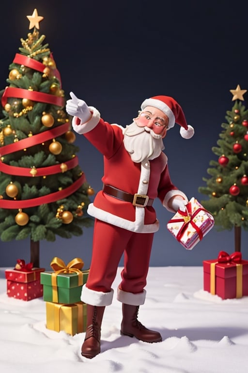 Santa Claus placing gifts undeneath a sparkling Christmas tree