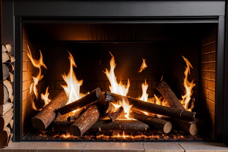 A close-up of a burning fireplace with logs and embers.