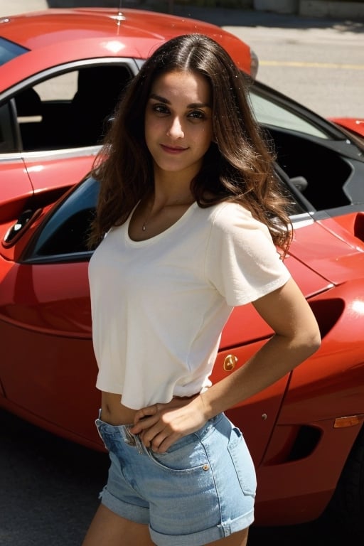 (masterpiece), portrait of a 24 year old brunette woman, Italian, brown eyes, small nose, sexy smile, soft lips, long hair with gentle waves, red t-shirt, white shorts standing in front of red Ferrari, full body,  round ass, natural lighting, volumetric shading, dynamic pose, Hyperrealistic, realistic lighting, dramatic shadows, hard focus, high contrast, dramatic perspective dramatic shadows,