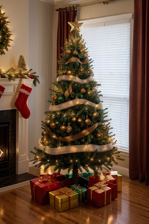 A Christmas tree decorated with string lights and handmade colored ornaments.