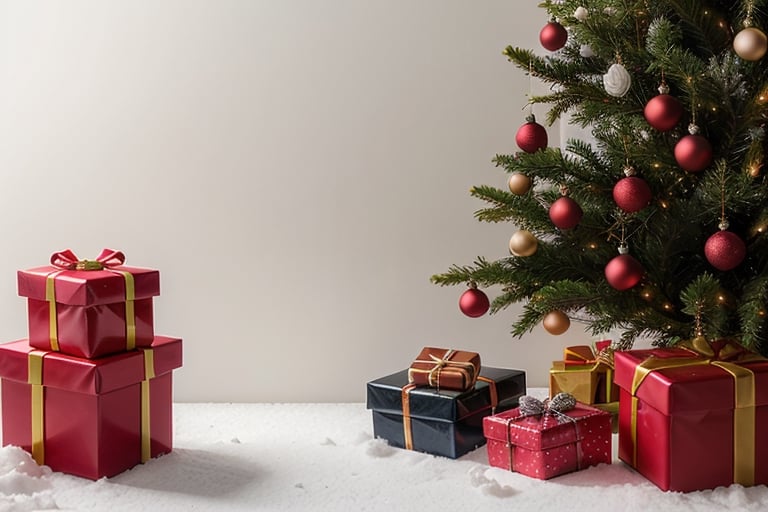 A snowy Christmas scene with a decorated tree and gifts under the tree.