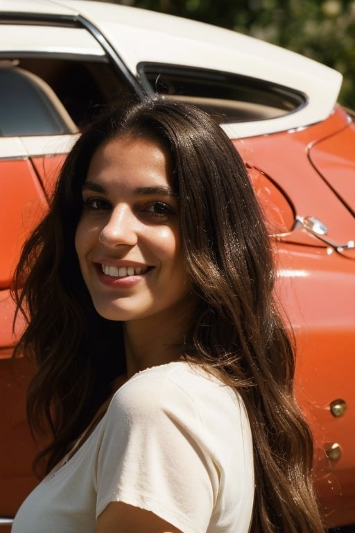 (masterpiece), portrait of a 24 year old brunette woman, Italian, brown eyes, sexy smile, soft lips, long hair with gentle waves, red t-shirt, white shorts standing in front of red Ferrari   round ass,  face shadow HDR, natural lighting, volumetric shading, dynamic pose, Hyperrealistic, realistic lighting, dramatic shadows, hard focus, high contrast, dramatic perspective dramatic shadows,