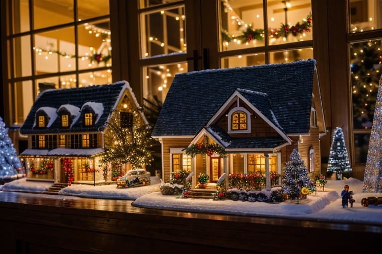 A Christmas village with miniature houses and shops decorated for the holiday season.