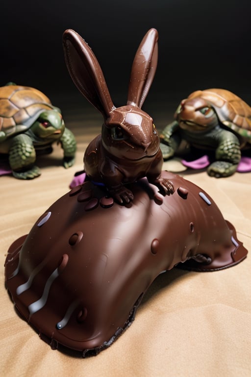 highly detailed solid chocolate bunny running past a turtle, perfect lighting, shadows, sharp focus, ((8k high definition, insanely detailed, intricate, masterpiece)), chocolate,Cyberpunk,Turtwig_Pokemon