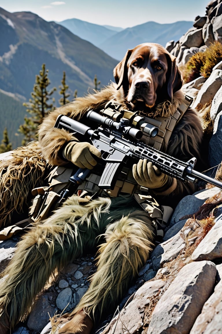 A sniper with a labrador retriver head and paws and man's body who is difficult to recognize as he is lying down on a rocky mountain wearing a ghillie suit for camouflage in rocky terrain and preparing to shoot.

Ultra-detailed, ultra-realistic, full body shot, very Distant view,aw0k euphoric style,photo r3al