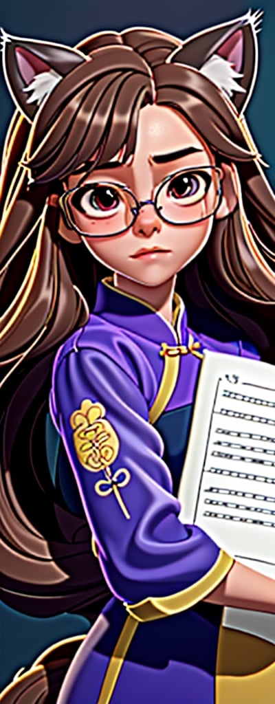 Imagine a beautiful girl with golden glasses, long brown hair, cat cosplay with long brown hair, brown eyes, play homework

, work of beauty and complexity, hyper-detailed face, cats core, fantasy awesome. , 8k UHD, purple glit,chibi,PinchingPOV,aodai