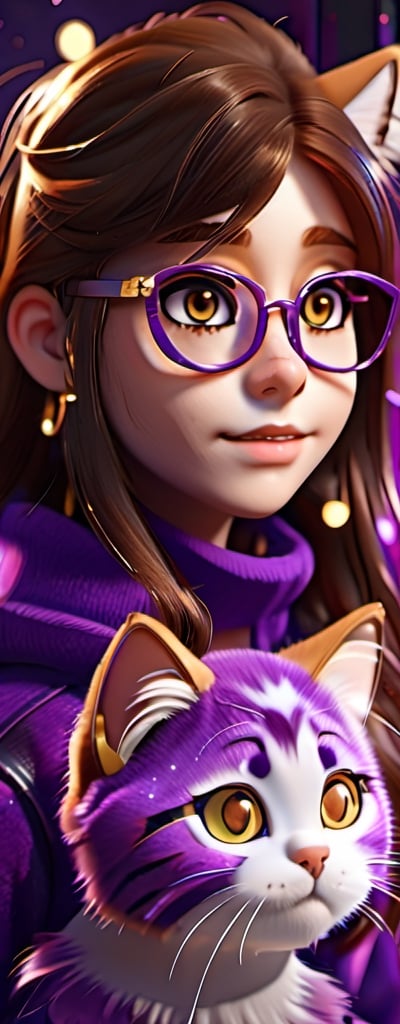 Imagine a beautiful girl with gold glasses, long brown hair,brown eyes, cat cosplay with long brown hair, realized homework, accompanied by a fluffy kitten, work of beauty and complexity, hyper-detailed face, kittens core, fantasy awesome. , 8k UHD, purple glitter elements