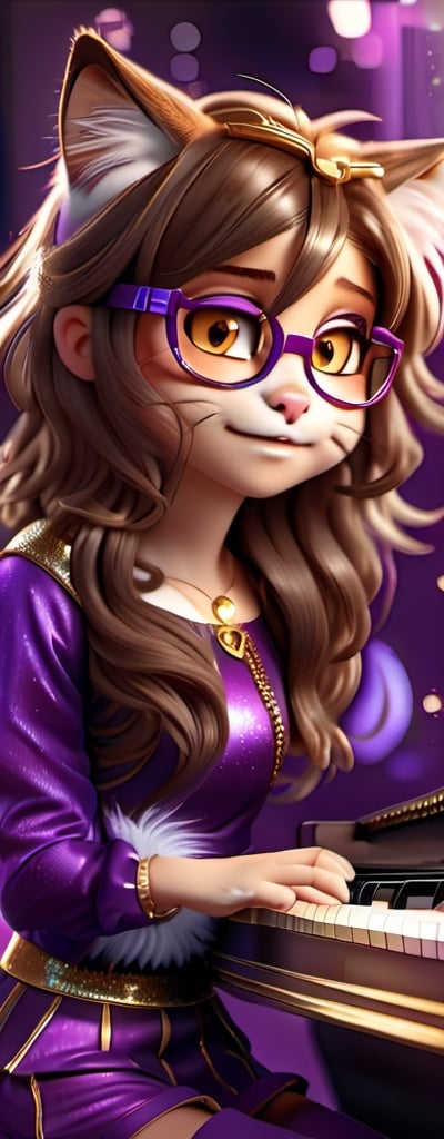 Imagine a beautiful girl with gold glasses, long brown hair,brown eyes, cat cosplay with long brown hair, play a piano, accompanied by a fluffy kitten, work of beauty and complexity, hyper-detailed face, kittens core, fantasy awesome. , 8k UHD, purple glitter elements