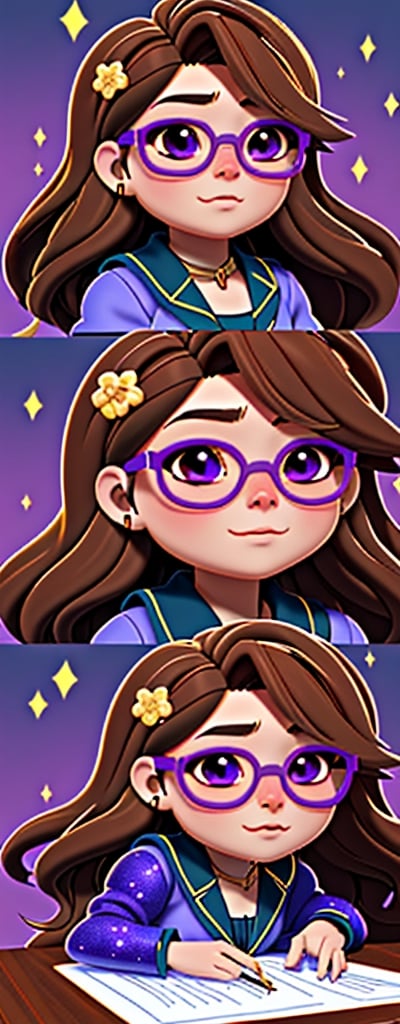 Imagine a beautiful girl with golden glasses, long brown hair, cat cosplay with long brown hair, play the homework
, work of beauty and complexity, hyper-detailed face, floral core, fantasy awesome. , 8k UHD, purple glitter elements,takane shijou,chibi,PinchingPOV