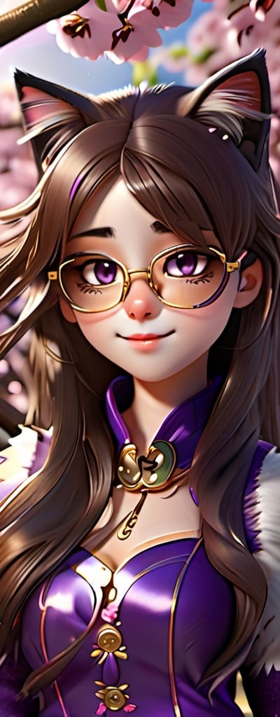 Imagine a beautiful girl with gold glasses, long brown hair, cat cosplay with long black hair, walking near a cherry blossom tree, accompanied by a fluffy kitten, work of beauty and complexity, hyper-detailed face, kittens core, fantasy awesome. , 8k UHD, purple glitter elements