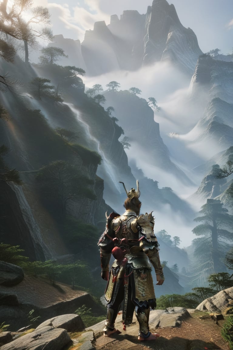 dasheng, Monkey King, first clothes, 1 boy, male focus, armor, golden black armor skirts, by heishenhua, cg game, detailed background ancient trees and Taishan Mountain, reflects majesty and tranquility, vibrant detailed textured luminous natural subtle expressive deep warm contrasting sophisticated dynamic sharp authentic shading bright attractive realistic harmonious focused