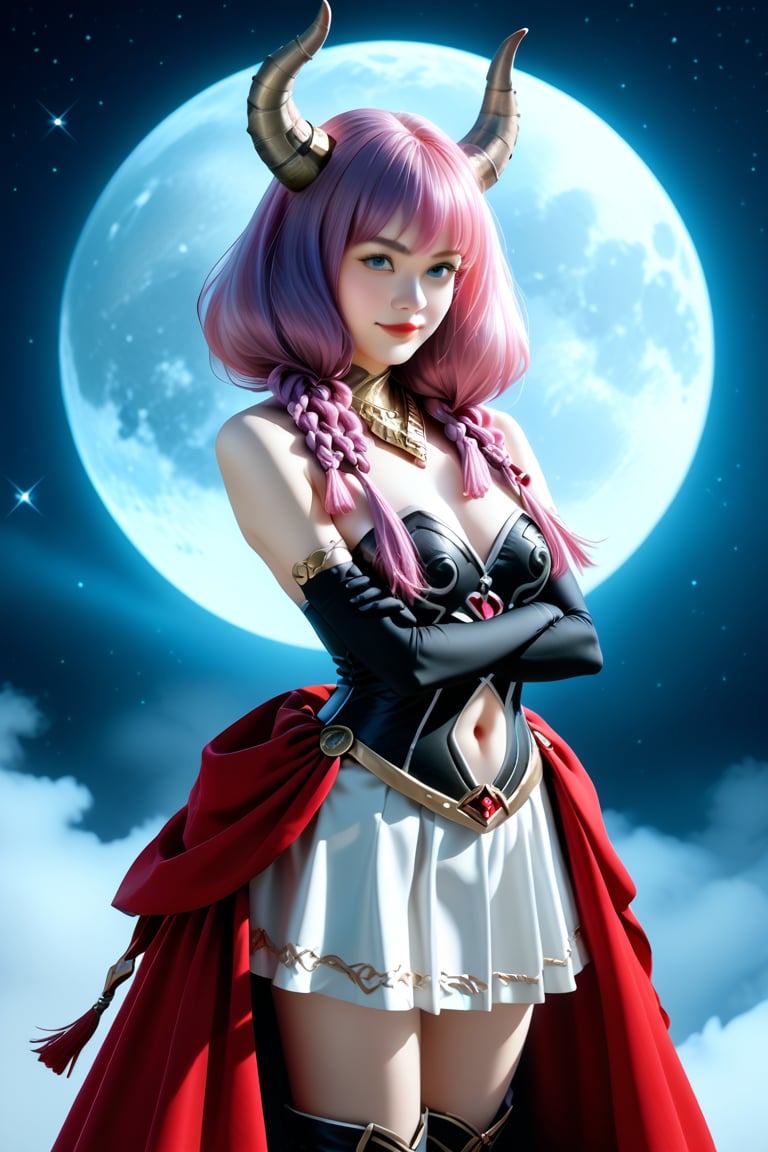 score_9,score_8_up,score_7_up,source_real,rating_explicit,BREAK,Extremely realistic,AuraFrieren, purple hair, blue eyes, horns, long hair, twin braids, necklace, strapless shirt, black shirt, navel cutout, white skirt, red waist cape, elbow gloves, black gloves, thigh boots
Create a captivating illustration of a confident character aged 15-20 with long, voluminous pink hair featuring braids at the front and adorned with prominent horns. She has an oval face with youthful features, large blue eyes reflecting a challenging gaze, and smooth, clear skin. Dressed in a sleeveless black top with silver accents that highlights her toned physique, complemented by a golden necklace and black arm bracelets, she wears a short black-and-white skirt with a dramatic large red bow. Capture her in a frontal pose with arms crossed and a slight smile, set against a dramatic night sky with a full moon. Emphasize vivid colors, realistic textures, and dynamic lighting to enhance the atmosphere of power and confidence in the scene.