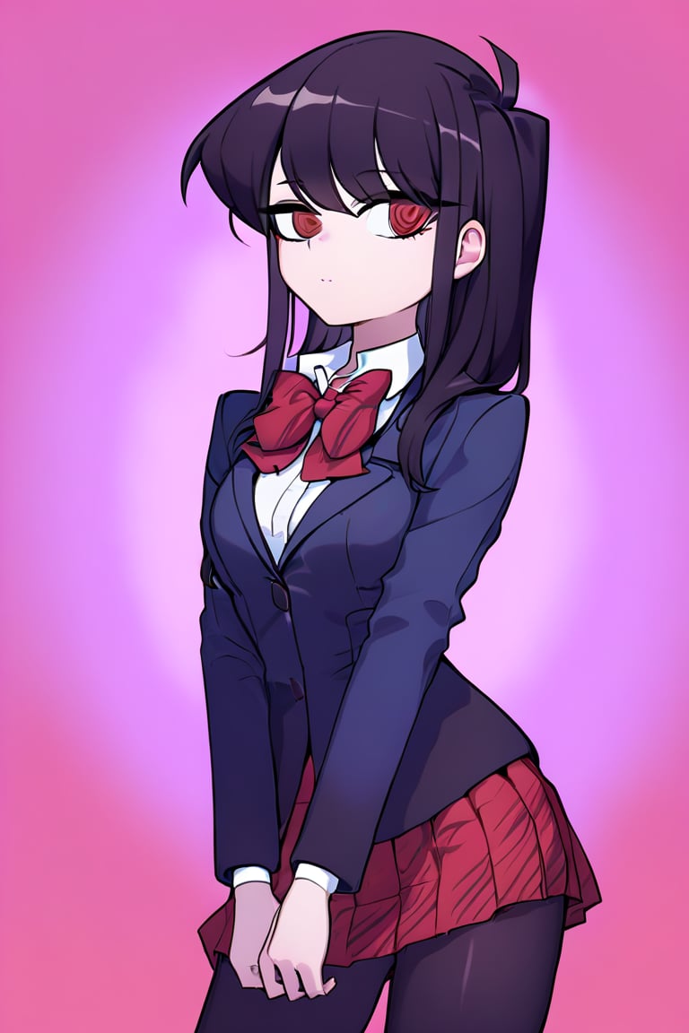 komi_shouko, black ringed eyes, black hair, long hair, school uniform, red bow tie, blue jacket, white shirt, blazer, long sleeves, striped, plaid pleated skirt, red skirt, black tights, helltaker style.