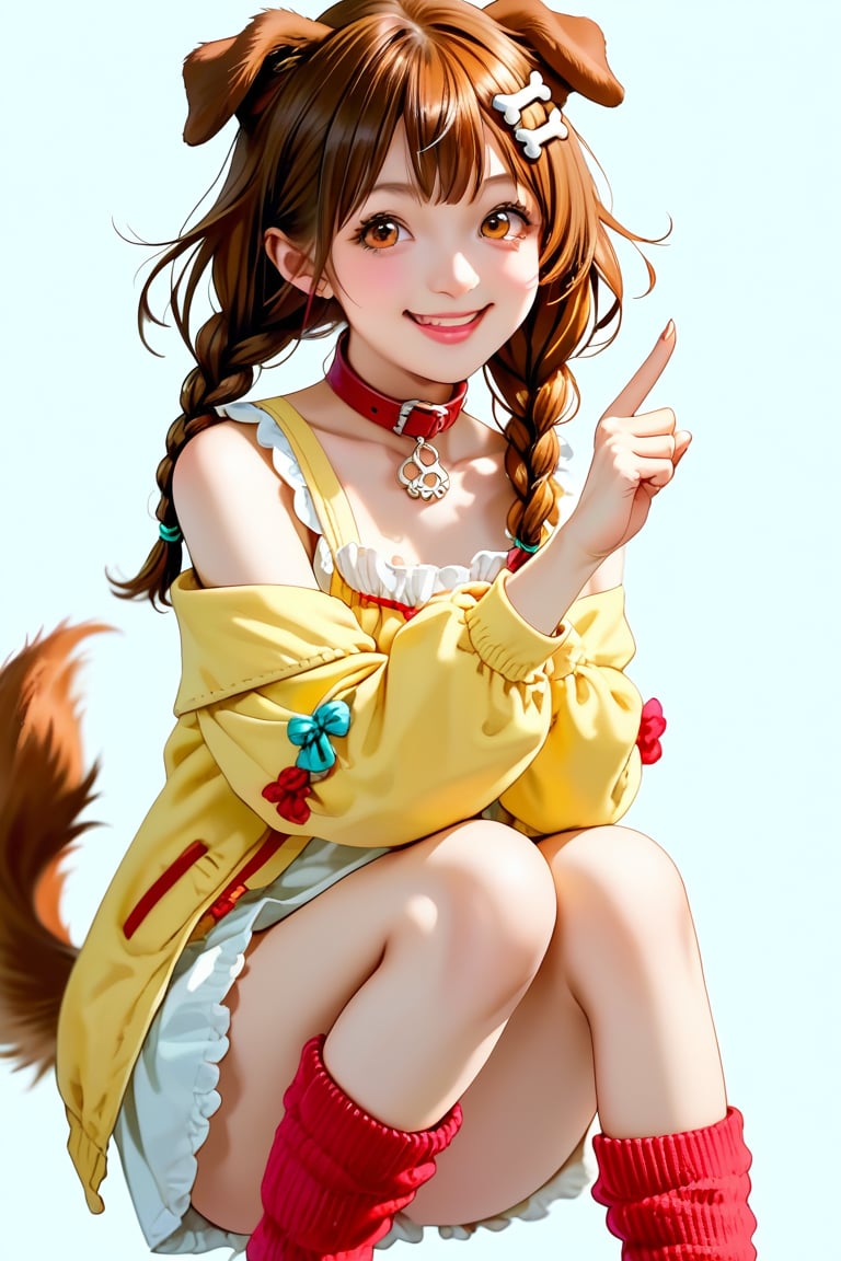 score_9,score_8_up,score_7_up,source_real,rating_explicit,BREAK,Extremely realistic,inugami korone, 1girl, bone hair ornament, solo, dog girl, dog ears, dog tail,
Create a vibrant, dynamic character illustration of a young girl with brown hair styled in smooth, playful waves, featuring dog ears and two braids. She has an oval face with soft, friendly features, large amber eyes that sparkle expressively, and clear, healthy skin. Dress her in a white knee-length dress adorned with colorful buttons, layered with a bright yellow jacket. Include red, comfortable knee-high socks and green sporty sneakers. Her playful pose should be slightly angled, with hands raised in a cheerful gesture, showcasing an energetic smile. Use a clean white background to enhance the contrast, highlighting the character's vivid colors: yellows, whites, browns, and reds, for a lively, engaging scene.,inugami korone default, collar, off shoulder, white dress, red socks, white shoes