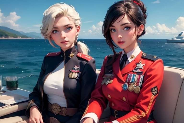 masterpiece,best quality, highly detailed, ruby_rose, looking_at_viewer, ((cowboy shot)), wearing military uniform, sitting, with white haired female military officer, officer with long white ponytail, in private jet above the sea,  other military officers on jet, poakl