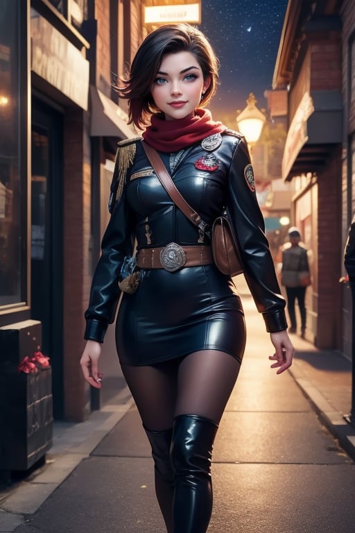 masterpiece,best quality, highly detailed, ruby_rose,1girl,solo,looking_at_viewer, smile, cowboy shot, walking, in futuristic city street, night, stars, military officers on patrol, poakl