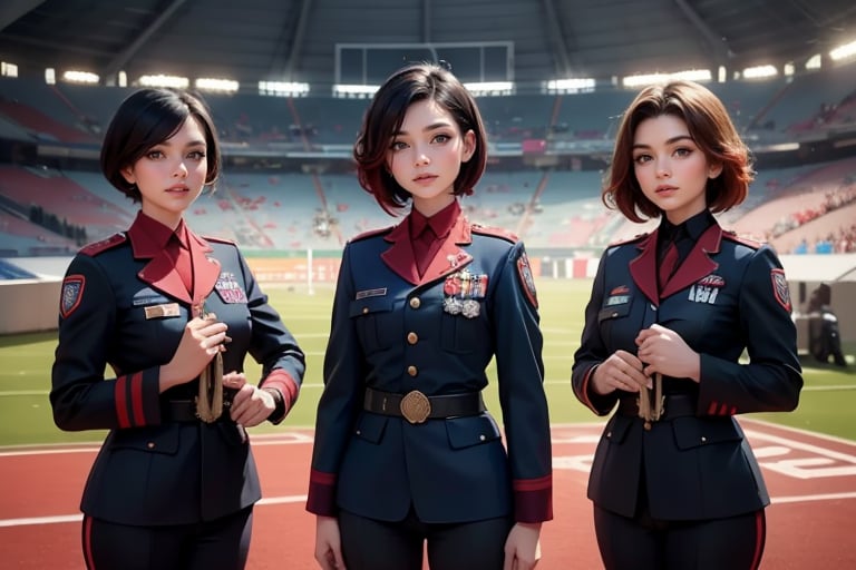 masterpiece,best quality, highly detailed, ruby_rose, very short black hair with red highlights, looking_at_viewer, ((cowboy shot)), wearing military uniform, standing with female officers who are representing different countries, standing in stadium, small crowd, spectators, poakl