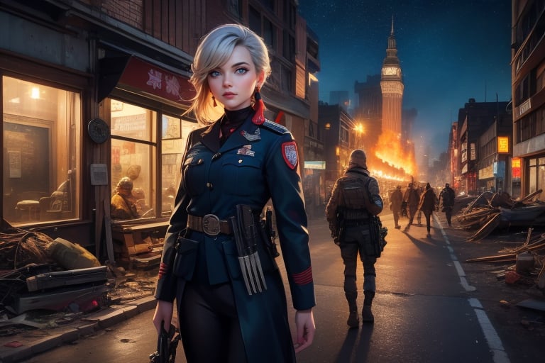 masterpiece,best quality, highly detailed, ruby_rose, looking_at_viewer, cowboy shot, standing, with white haired female military officer, officer with long white ponytail, in cityscape, night, stars, female military on street, post-war ruins in distance, bonfire, post-apocalypse, dystopian future, poakl