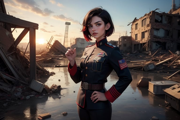 masterpiece,best quality, highly detailed, ruby_rose, very short black hair with red highlights, looking_at_viewer, ((cowboy shot)), wearing military uniform, standing with military officers from different countries, standing in collapsed stadium, bonfire, small crowd, rubble, burst waterpipe, post-apocalypse, dystopian future,  poakl